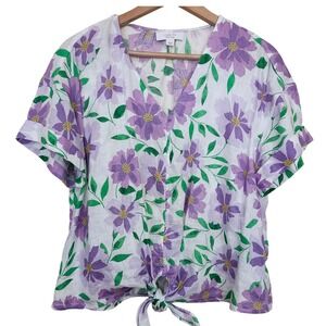 Charter Club Linen Luxury Floral Print Tie Front V Neck Top Women L
White Purple